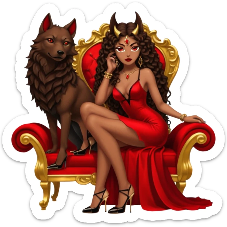 Lilith symbol seductress evil brown curly long hair haired, sexy succubus woman with red and black Chanel dress on. Amred and black stiletto platform high heel shoes on. sitting on a Black and gold throne. A large black wolf laying beside her sticker