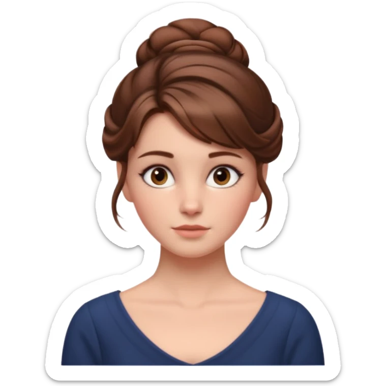 Cinematic Emma Darcy Realistic Portrait, depicted with lifelike skin texture, subtle rosy undertones, and soft natural lighting that enhances the gentle contours of her face. Her intricately detailed brown hair is elegantly styled in an updo, sticker
