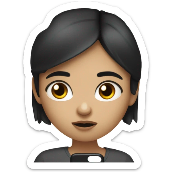 A girl with white skin and dark hair, with a sad face, holding her phone in her hand and typing a message, a message cloud on the side of it sticker