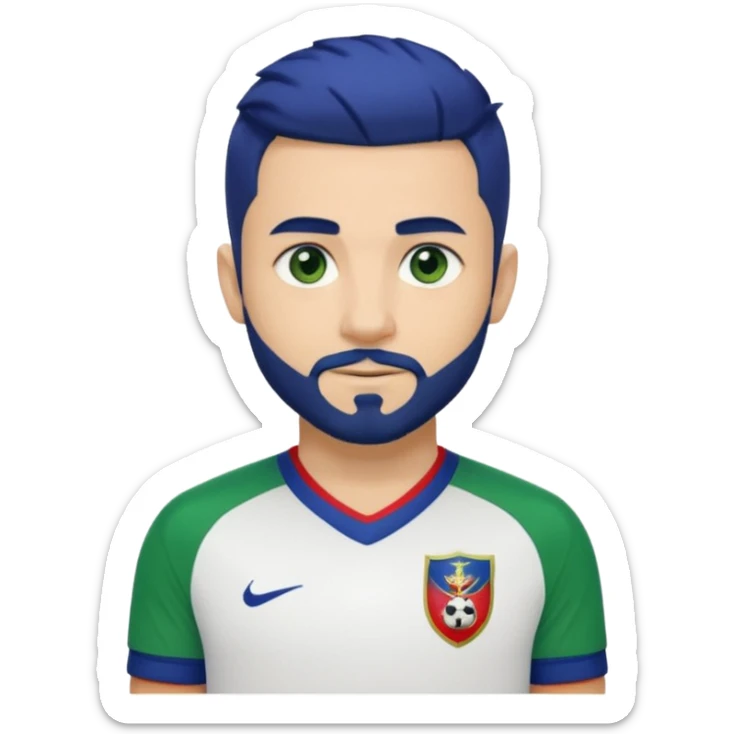 Emoji-style head and upper body of a soccer player with light skin, dark blue hair with green tips, short beard, blue left eye and green right eye, wearing a white jersey with black and red details and a red captain armband. White background.  sticker