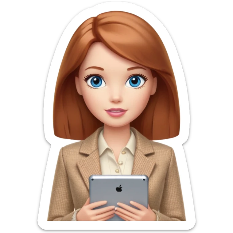 A Barbie girl with blue eyes, shoulder-length reddish-brown hair, made-up, wearing a beige tweed jacket and a beige skirt,  with a iPad Air sticker
