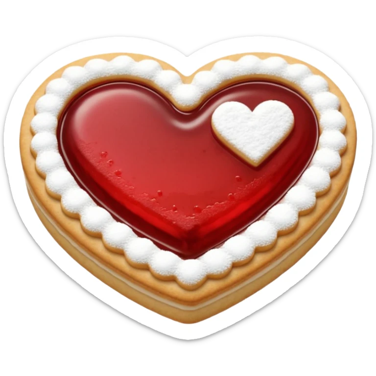 Realistic shortbread cookie in the shape of a heart with red jelly middle filling and sprinkled powder sugar on top. sticker