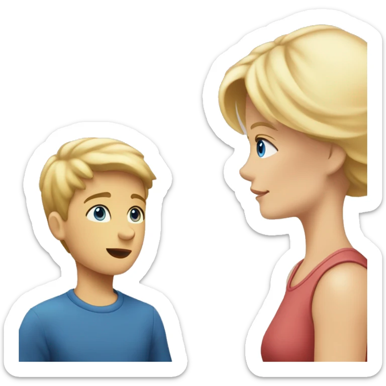 two people talking face to face blond hair blue eyes mom and younger son face to face short hair mo sticker