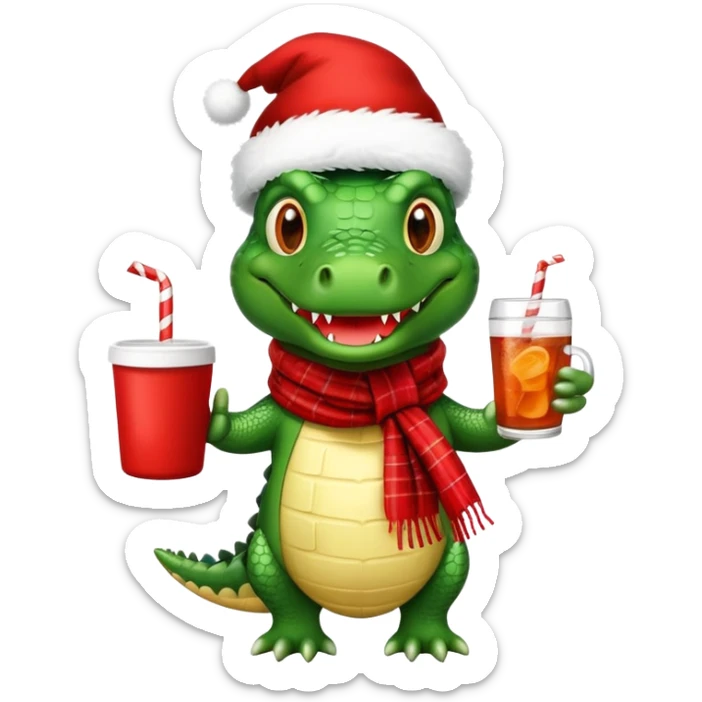 Fun crocodile wearing a winter hat and scarf, holding a warm mug of Bombardino drink sticker