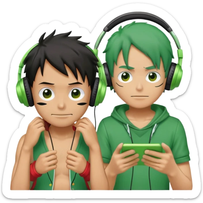 Green Luffy and green Alastor wearing headphones listening to music together sticker