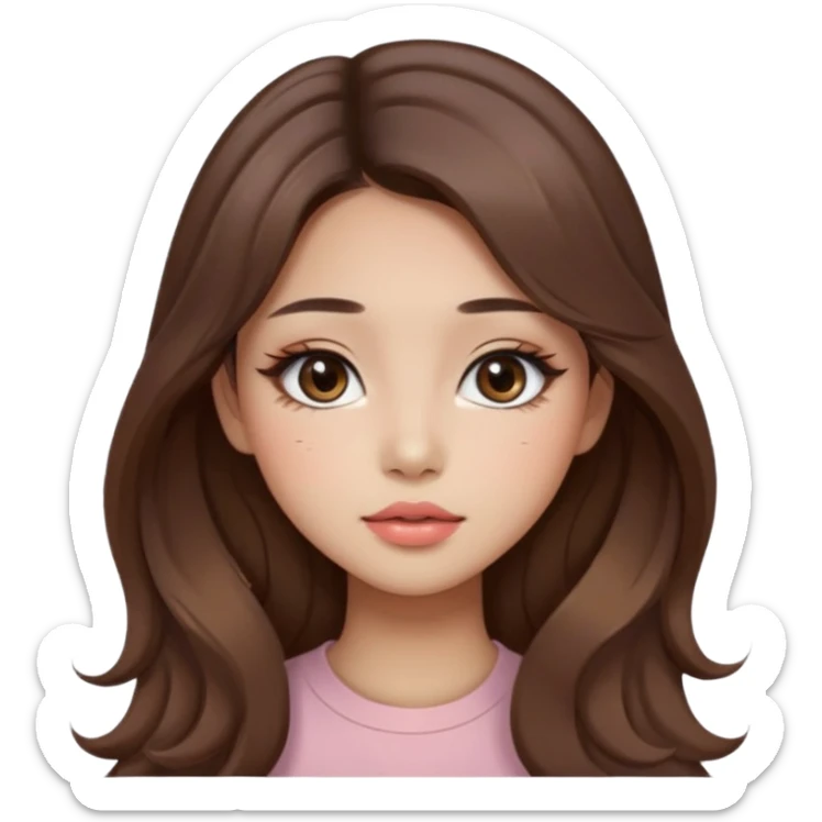“korean straight brown hair Emoji girl, soft eyeliner and blush, gradient lips, light brown shimmer eyeshadow, long wavy hair,  sticker