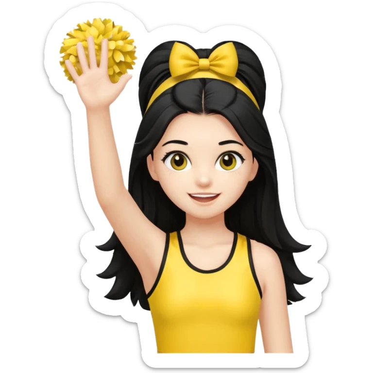 A long black hair teen girl waving pom-poms, eyes sparkling with excitement, yellow cheer leader top sticker