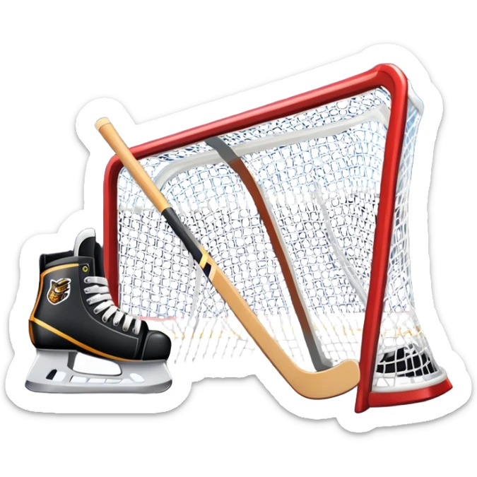 An icon showing a close-up of a hockey stick, puck, skates, and hockey net placed on the ice. The background features a packed stadium with bright lights, cheering fans, and snowy scenery outside. Transparent background highlights the key elements of the game. sticker