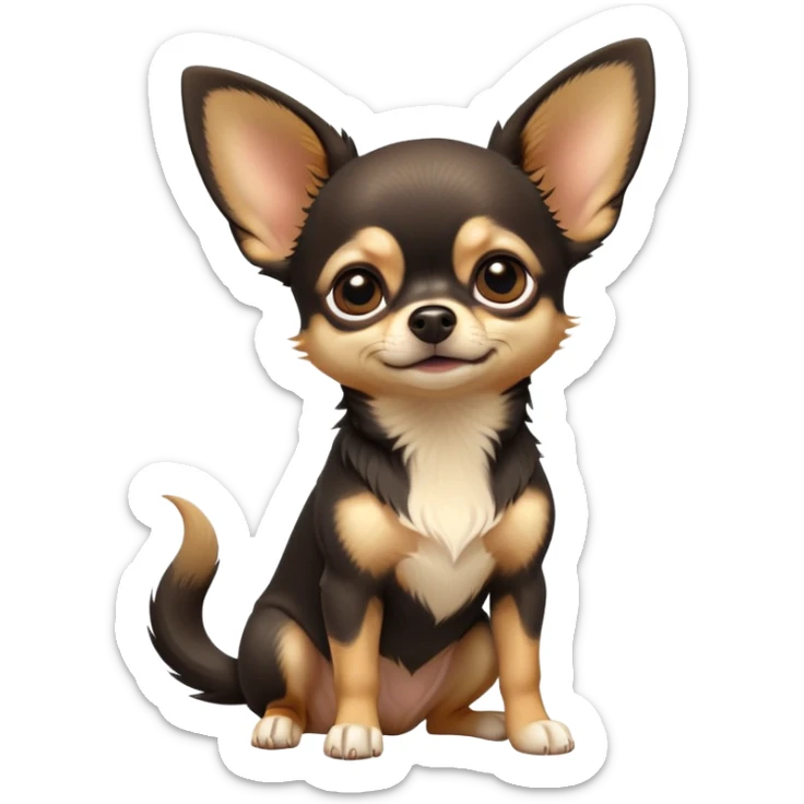 cinematic-[chihuahua dog]-realistic-full-body-sitting-emoji,-tail-resting-loosely-beside-its-paws,-head-tilted-dramatically,-sleek-[black and tan]-fur,-simplified-yet-realistic-focused-features,-highly-detailed,-glowing-with-an-almost-sarcastic-glow sticker