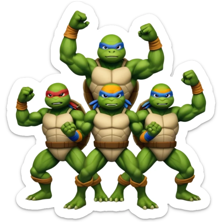 Give me a picture of 4 teenage mutant ninja turtles. Make them hold a fighting pose. sticker