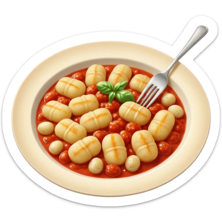 Gnocchi Cinematic Realistic Gnocchi Dish Emoji, depicted as tender oblong potato gnocchi garnished with iconic fork marks on top, rendered with soft textures and warm, inviting lighting. add tomato sauce sticker