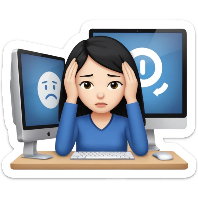 A girl is in front of a computer and is holding her head.The one with black hair sticker