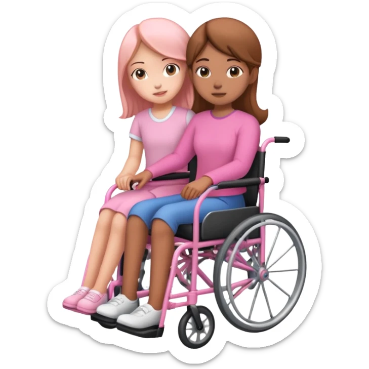 One peach skin sister pushing her light brown skin sister in a pink wheelchair sticker