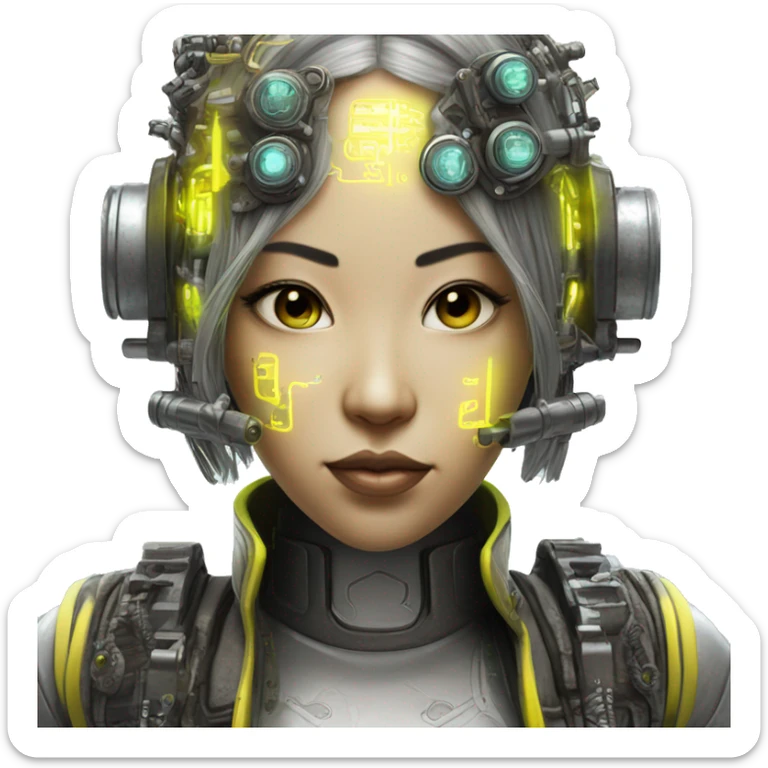 Neon yellow bobbed hair Asian female cyborg head with silver steampunk goggles and circuits sticker
