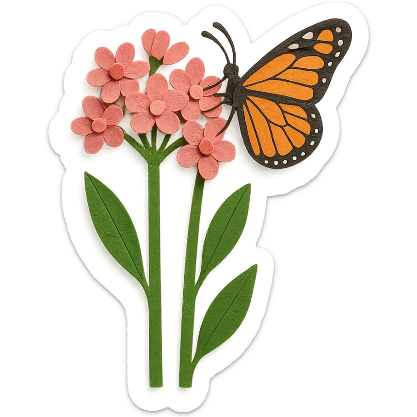 milkweed with monarch butterfly, layered paper details, tall green stems, pink flowers, butterfly perched on a blossom sticker