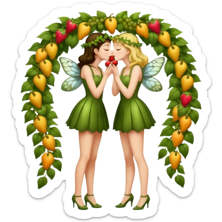 full body two women kissing, fruit vine outfits and moth swarm halo sticker