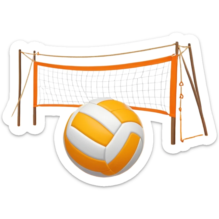 The scene captures a sunny sea beach atmosphere with clear blue sea and sky, palm trees swaying, and people in swimsuits enjoying the vibrant surroundings. A volleyball resting on the orange sand ground of a beach, with a volleyball net in the background.  sticker