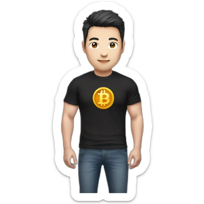 Chinese man with black t-shirt, add Bitcoin logo on His T-shirt, Make the emoji half body sticker