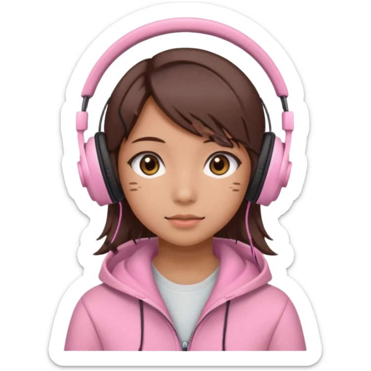 a japanese girl with brown layered cut hair. she has dark brown eyes, and has a cute super light pink gaming headphones sticker