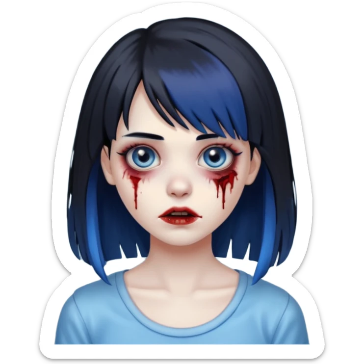 faça uma menina zumbi bonita com um cabelo liso, franja e que metade da franja seja azul e o a outra metade e resto do cabelo sejam pretos sticker