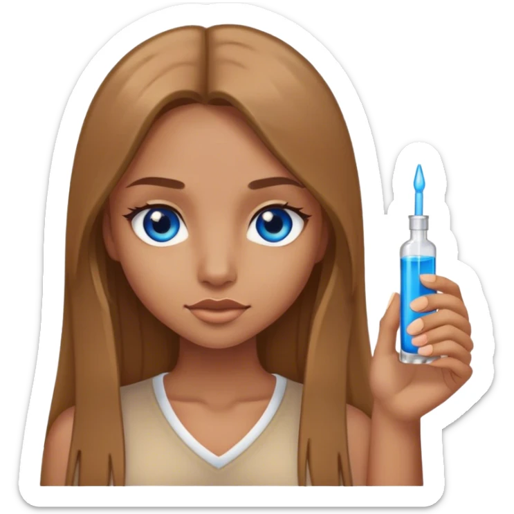 tan girl, long light brown straight hair, blue eyes, holding a shot sticker
