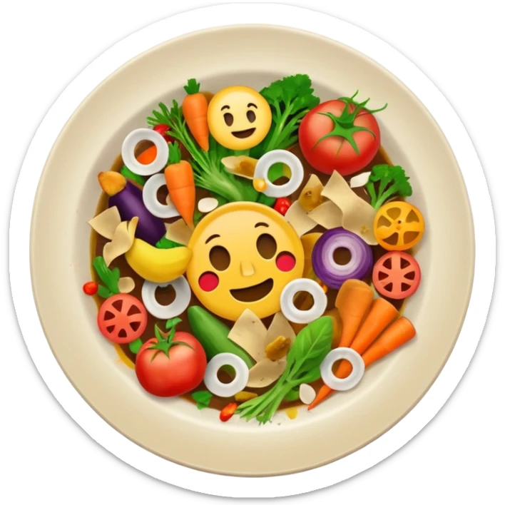 dirty plate after eating, food scraps and vegetable leftovers, no face, emoji style sticker