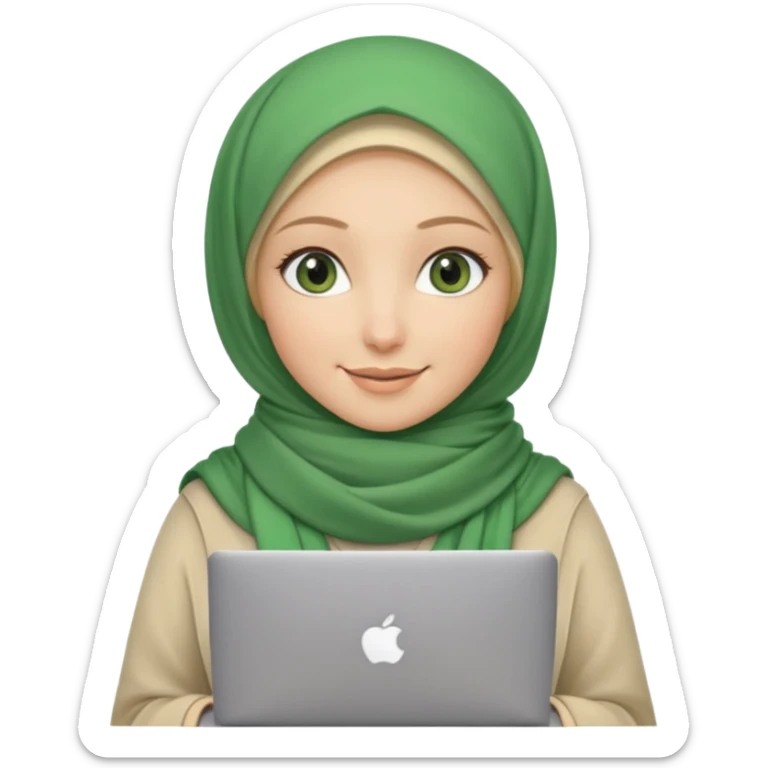 blond women skine , with green eyes , with scarf hijab , hid the hair, with macbook sticker