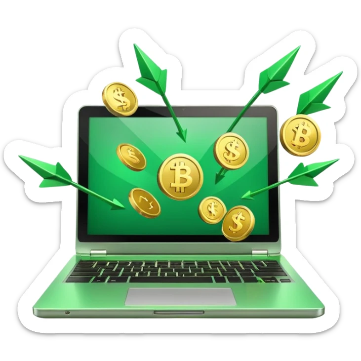 3D laptop icon with gold coins flying out of screen, green color (#0B3D2C), gold accents (#C9B037), upward arrows, glossy modern style, transparent background sticker