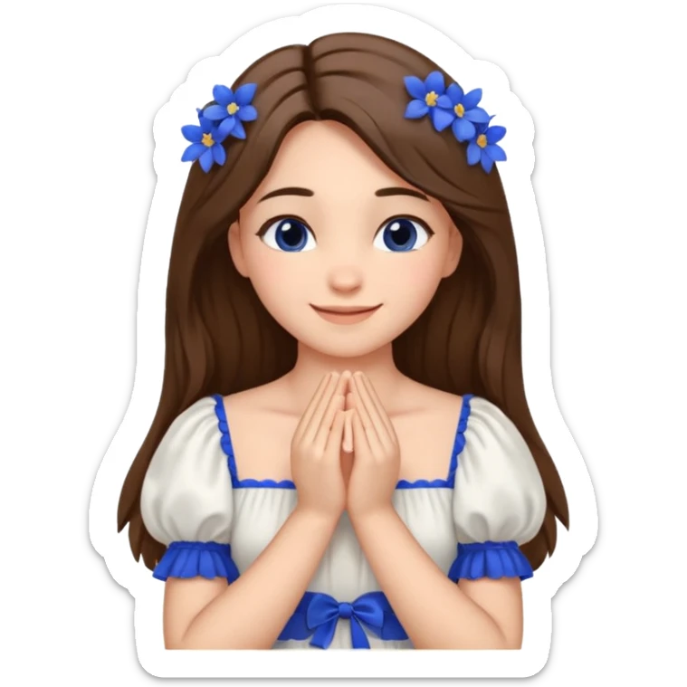 Generate a girl with her eyes closed and smiling and Boht her hands under the chin, palms facing upwards. She should be wearing a white dress with cobalt blue flowers on the dress and puffed sleeves. She has ling straight hair. Only her face and chest is visible. sticker