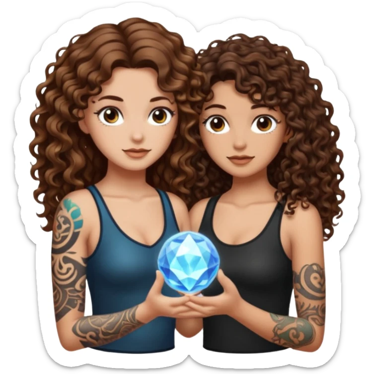 crystal orb realization — long wavy brown hair tattooed woman and short tight curly brown hair woman — glow sticker