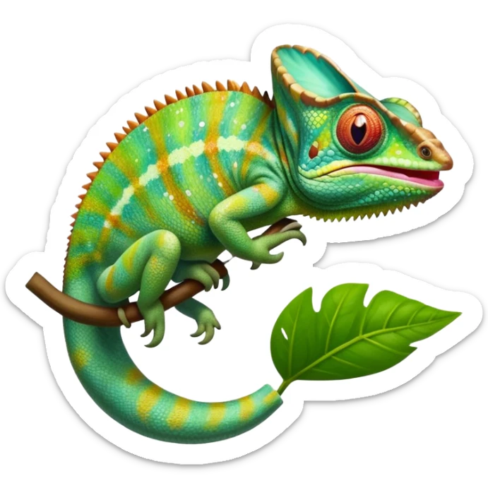 cinematic giant-tongue out chameleon-realistic emoji, mouth wide open with tongue out catching prey, -blending-with-vibrant-greenery.-detailed-scales-in-shifting-colors,-showing-the-chameleon’s-ability-to-camouflage.-soft-natural-light-highlights-its-texture.-light-background, zoomed into its face sticker