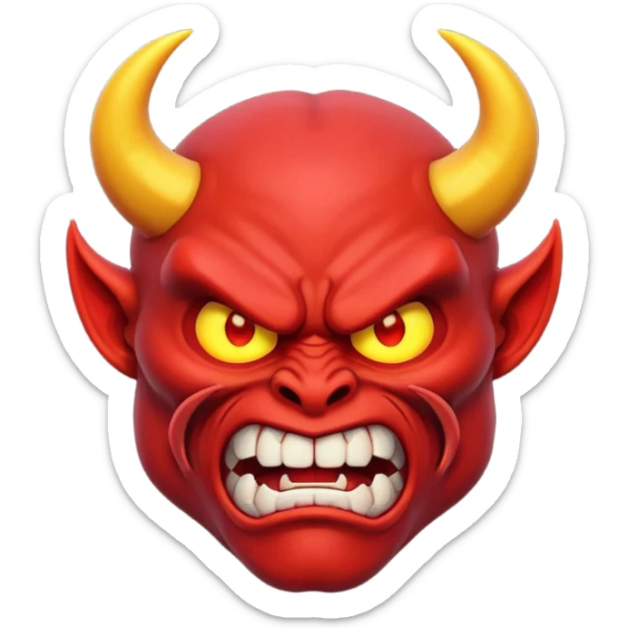 Muscular red demon emoji, 3D cartoon style, angry face, glowing eyes, unique horns. sticker
