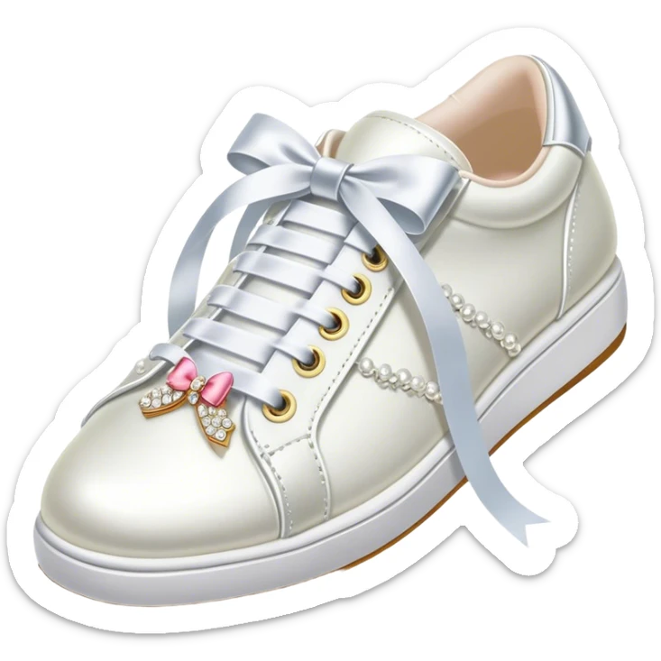Pearl-encrusted Betsey Johnson white bridal tennis shoes with ribbon laces tied in a bow sticker