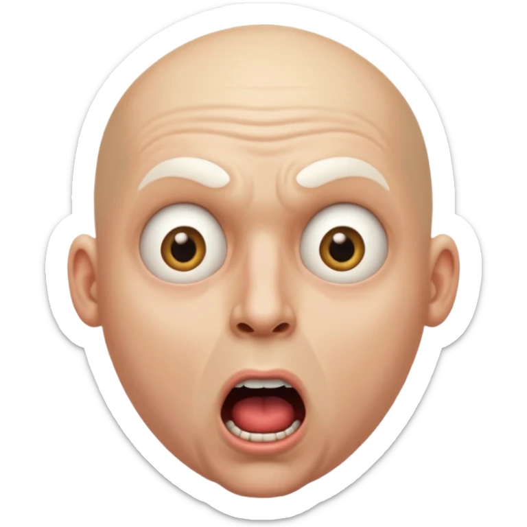 portrait of a bald man with a bleached face and heavily made-up eyes and mouth, a huge, wide-open mouth and a shocked look sticker