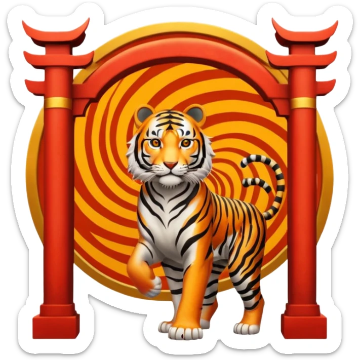 Traditional Chinese ink painting style emoji. A powerful tiger (like the ancient character 虎), standing guard in front of mystical gates (門). Energy swirls around him like a vortex (🌀). Minimalist, transparent background, 512x512 pixels. sticker