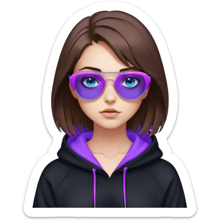 
girl with brown bob and blue eyes in a black hoodie and sunglasses. Cyberpunk style. Violet neon. sticker