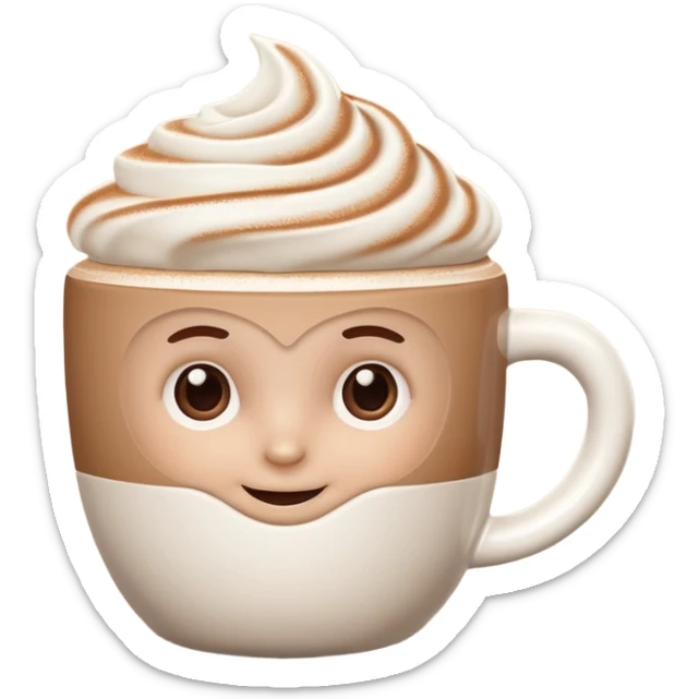 A 3D cartoon cappuccino cup with thick milk foam and light cocoa dust, no saucer, smooth ceramic texture, warm soft lighting, Memoji-style. sticker