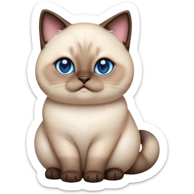 Cinematic Cute Chubby Siamese Cat Portrait Emoji, Round and plump body, soft cream-colored fur with rich dark points on the ears, face, paws, and tail, big, sparkling sapphire-blue eyes, Simplified yet irresistibly adorable features, highly detailed, glowing with a warm, cozy glow, high shine, curious yet calm, stylized with a touch of whimsy, bright and endearing, soft glowing outline, capturing the essence of a mischievous yet lazy and loveable kitty, so cuddly it feels like it could waddle right out of the screen for a snuggle! sticker