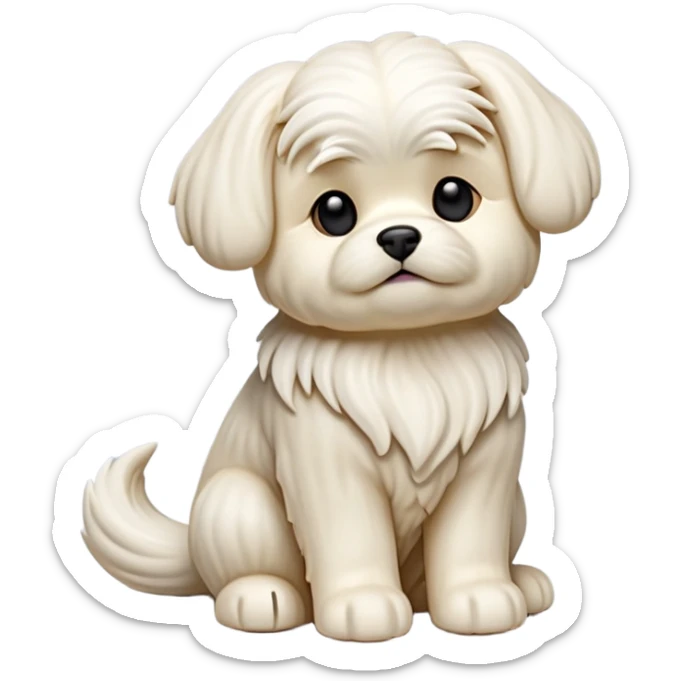 detailed-[Maltese dog]-realistic-full-body-sitting-emoji,-tail-resting-loosely-beside-its-paws,-head-tilted-dramatically, -wavy-[cream white]-fur,-simplified-yet-realistic-focused-features,-highly-detailed,-glowing-with-an-almost-sarcastic-glow sticker