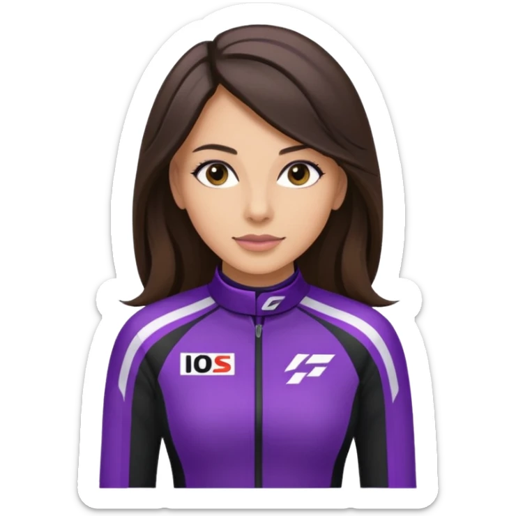 brunette long hair woman with black racing outfit with single purple strip sticker