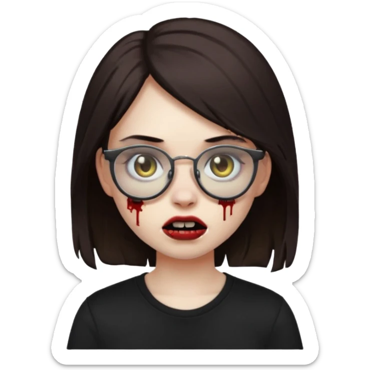 apple emoji zombie girl with dark brown emo hair and black shirt and glasses sticker