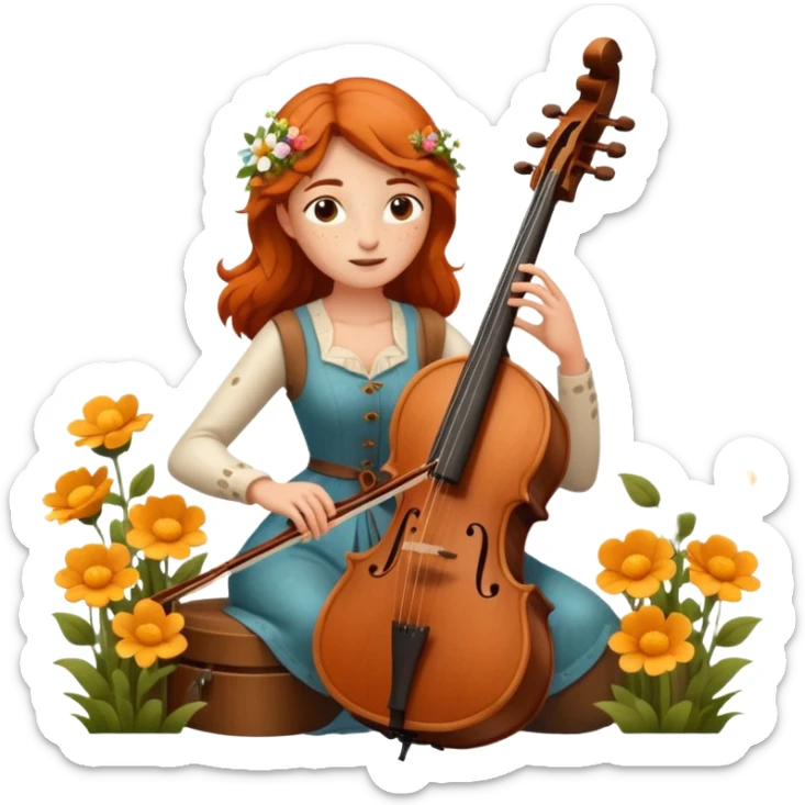 nature bard woman with freckles playing wooden cello among flowers sticker