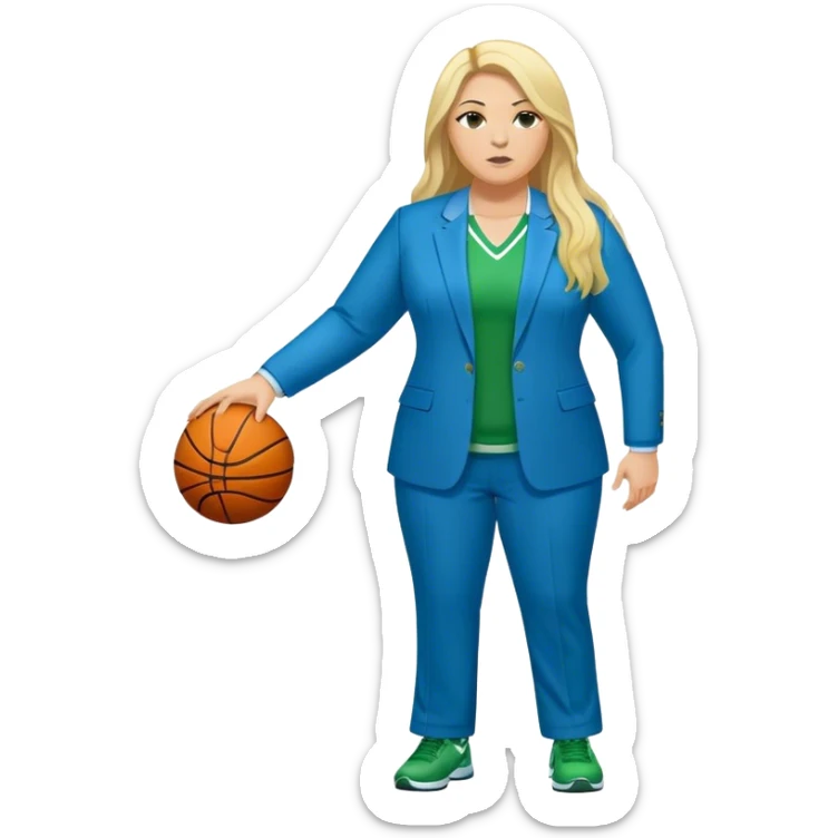 Full Body white plus size female basketball head coach with long blonde hair in a blue and green suit sticker