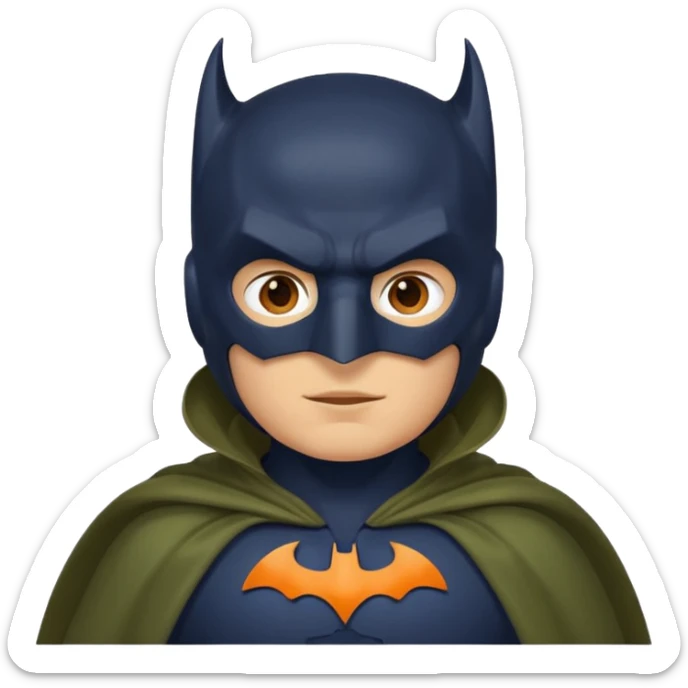 generate a batman emoji with just the face and neck showing and part of the cloak and and wings. Shade the bat logo on the chest in a bright  olive green. Shade the mask in dark navy blue.  Shade the cloak in a solid vibrant orange.  sticker