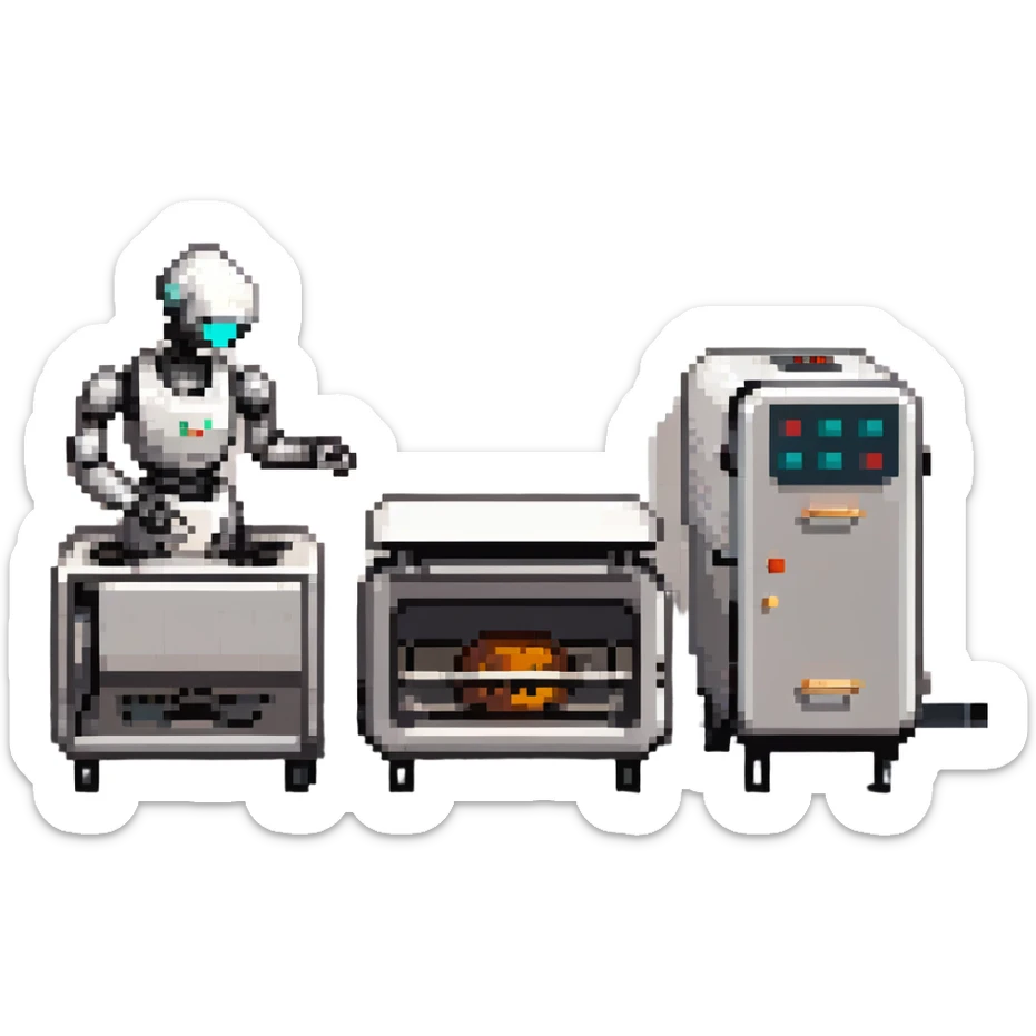 A robotic baker with stainless steel limbs, built-in mixers, and a retro-futuristic oven. The environment is industrial-chic: brushed metal surfaces, LED panels, and mechanical arms. UI mimics control panels with toggle switches, rivets, and analog dials. sticker