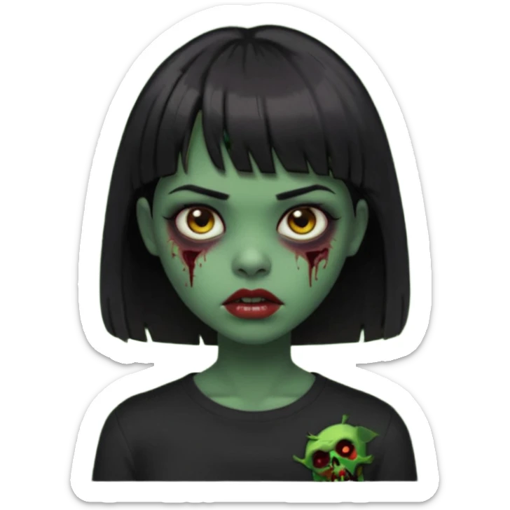 Zombie girl emoji verde escuro com cabelo curto liso preto no ombro e franja na altura da sobrancelha com uma blusa preta, olhos castanhos escuros sticker