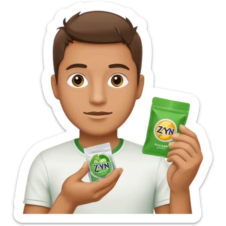 Man holding Zyn spearmint snus in palm and a white pouch in the other sticker