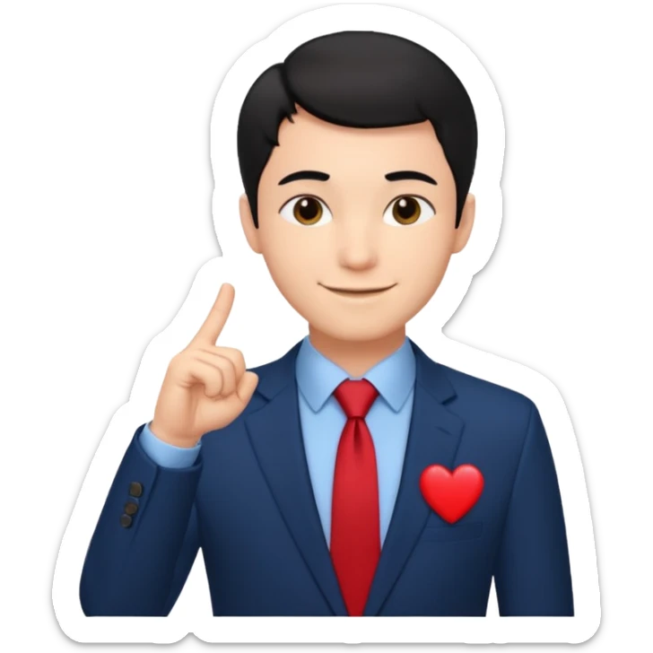A man in very black short hair with all back hair style, wearing dark blue suit and red tie, making a heart finger sticker