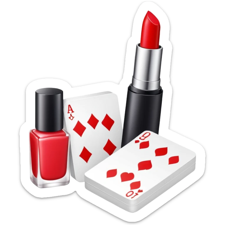 emoji of playing cards with illustrations of lipstick, serum and hand cream on them
 sticker