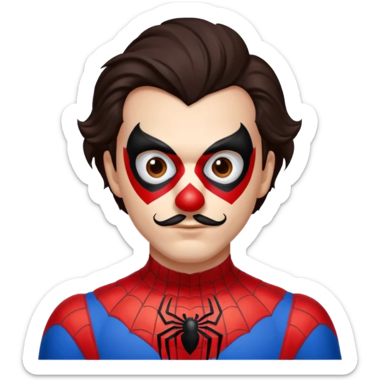 Create a man with brown eyes and dark hair into Spider-Man and a clown nose sticker